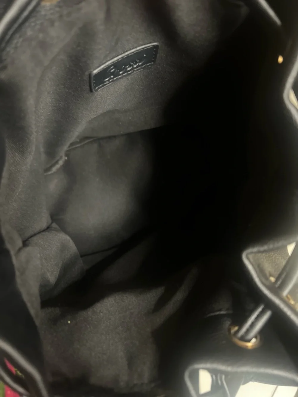 Grossi Black Faux Leather Mini Backpack Drawstring Bucket Bag Gold Chain